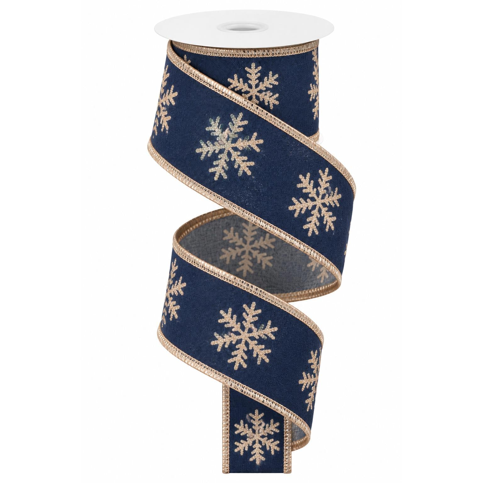 Spool of 5-yard blue snowflake wired ribbon unspooled to show gold glitter details