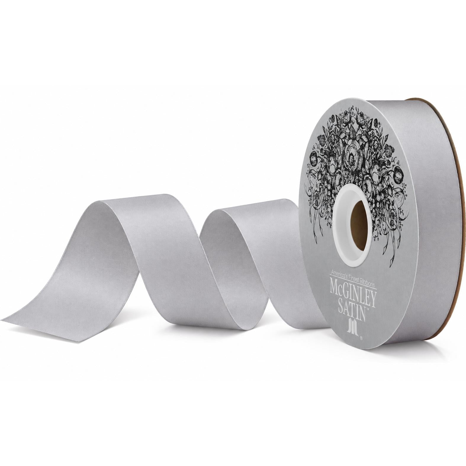 Silver gray lustre satin ribbon spool with McGINLEY label for homecoming mums