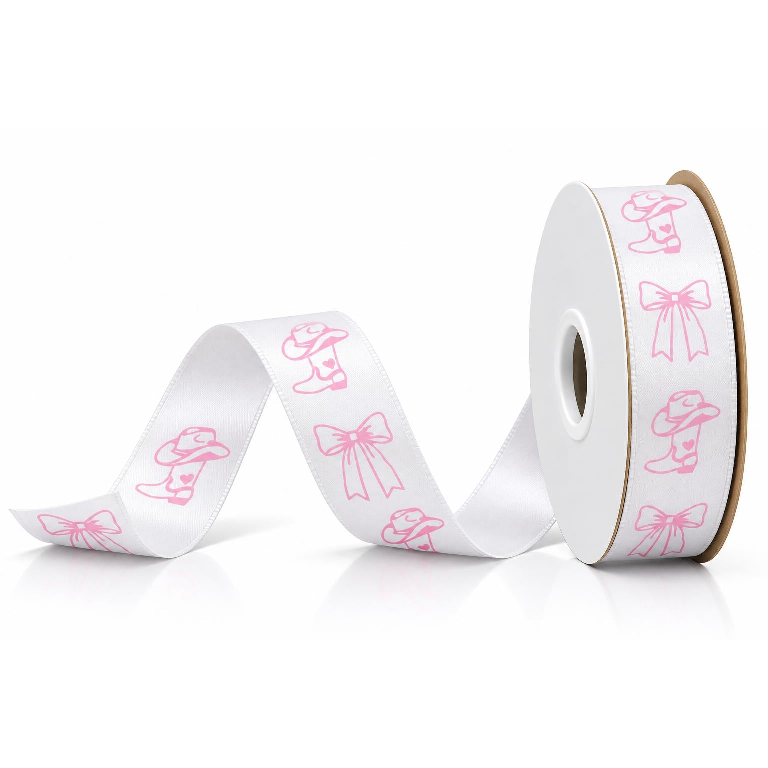 White satin acetate ribbon with pink cowboy boot and bow print, non-wired for homecoming mums