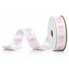 White satin acetate ribbon with pink cowboy boot and bow print, non-wired for homecoming mums