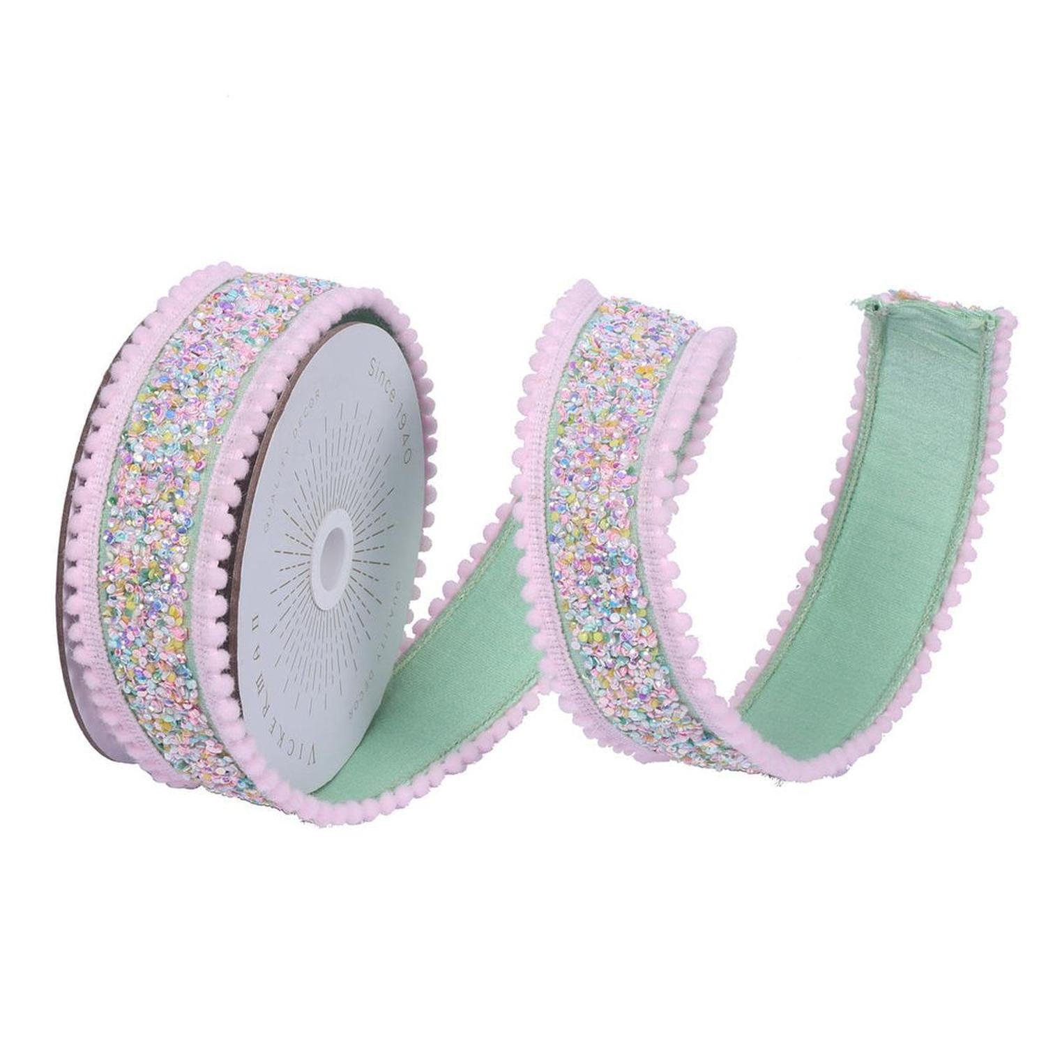 1.5" Frosty Mint Sequin Pink Ribbon (10 Yards)