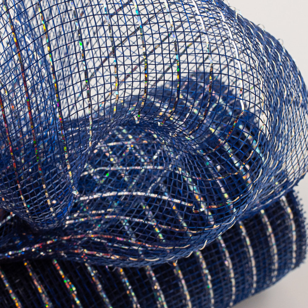 Shop For 10" Poly Deco Mesh Ribbon: Metallic Navy Blue & Silver (10 Yards) at Michelle's aDOORable Creations