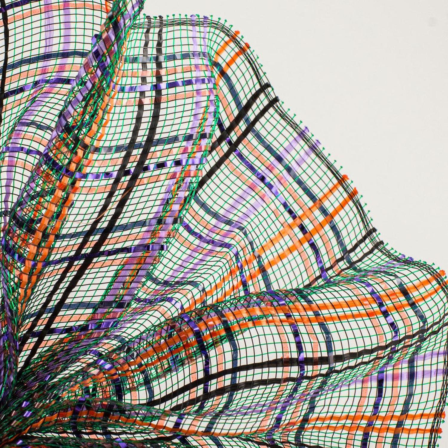 10" Vertical Foil Plaid Mesh Ribbon: Black, Orange, Purple, Emerald