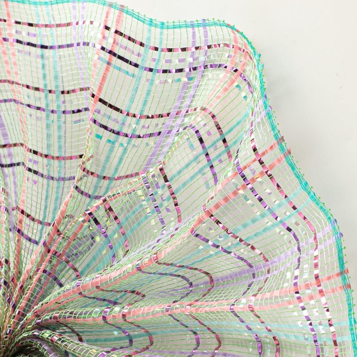 10" Vertical Foil Plaid Mesh Ribbon: Lime/Pink/Blue/Lavender
