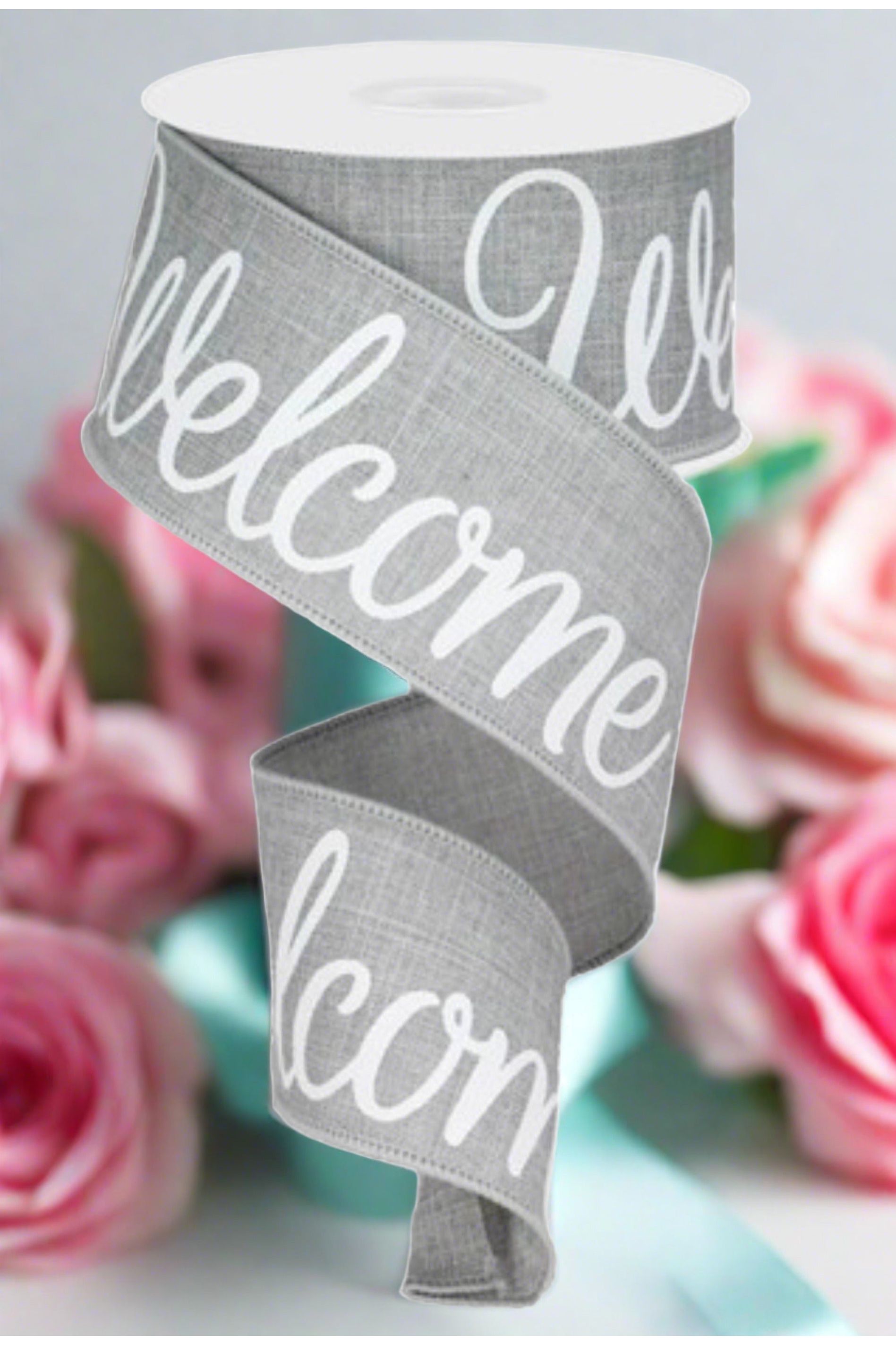 Shop For 2.5" Welcome Royal Ribbon: Light Grey (10 Yards) at Michelle's aDOORable Creations