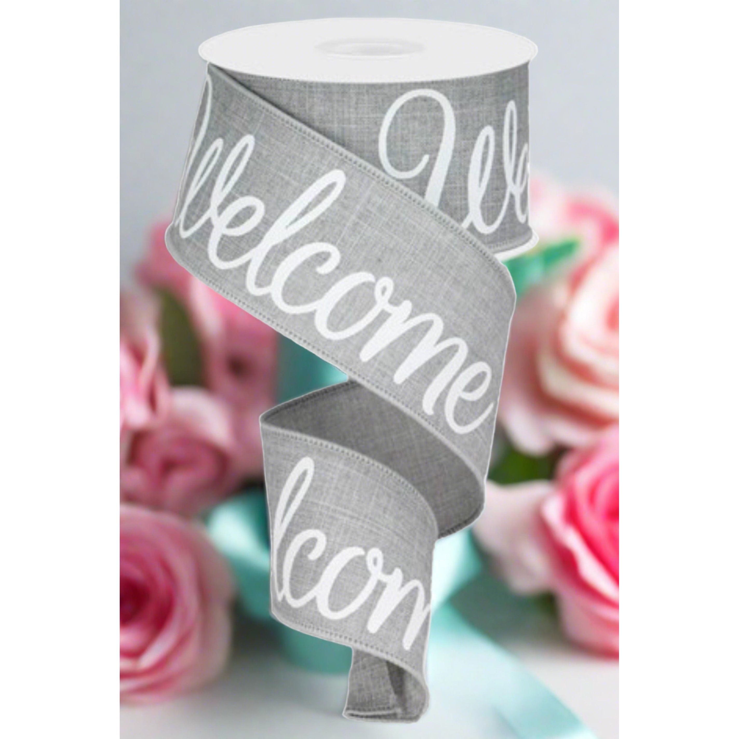 Shop For 2.5" Welcome Royal Ribbon: Light Grey (10 Yards) at Michelle's aDOORable Creations