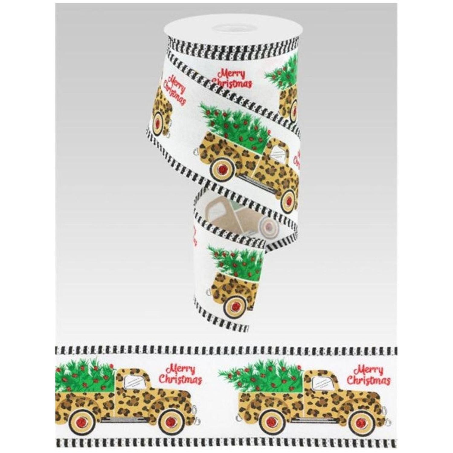 2.5" Leopard Merry Christmas Ribbon: White (10 Yards)