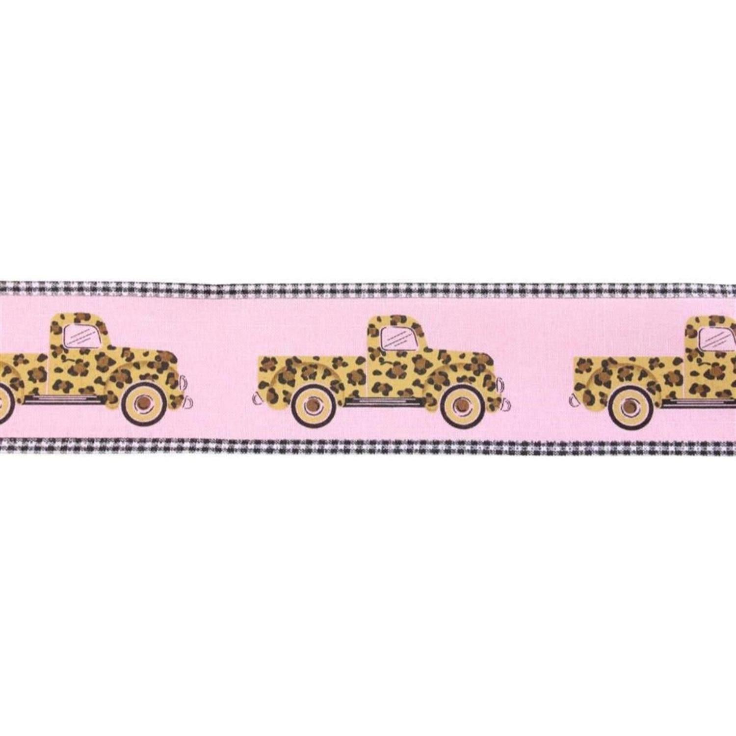 2.5" Leopard Truck Gingham Edge Ribbon: Light Pink (10 Yards)
