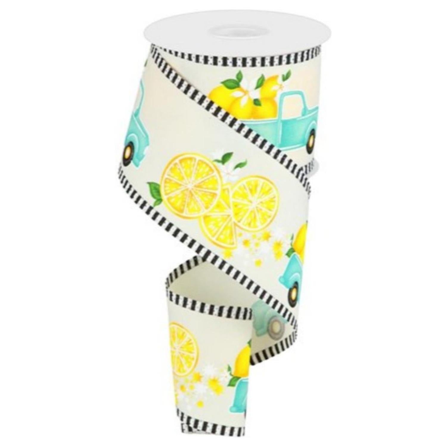 2.75" Truck with Lemons Stripe Ribbon: Ivory (10 Yards)