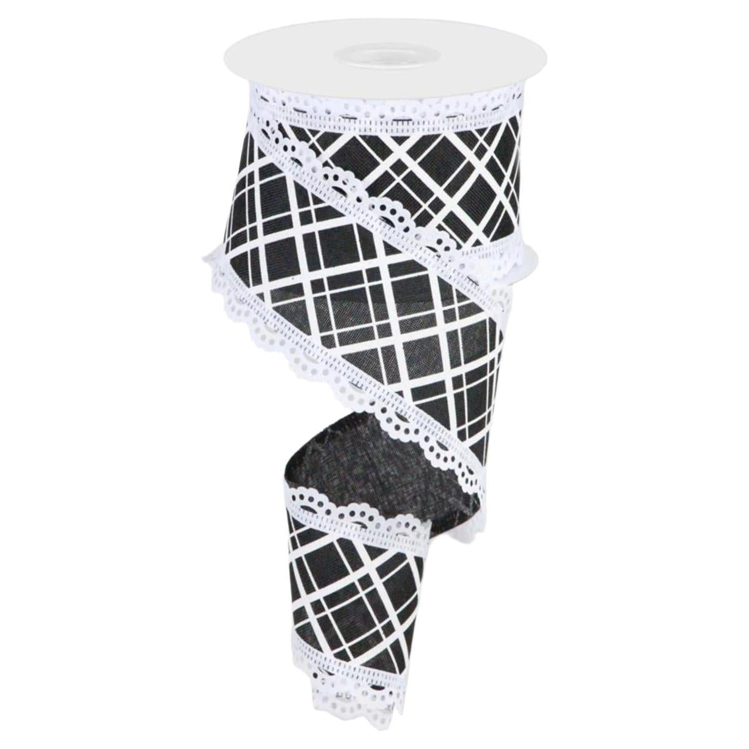 2.5" Line Check Lace Ribbon: Black/White (10 Yard)