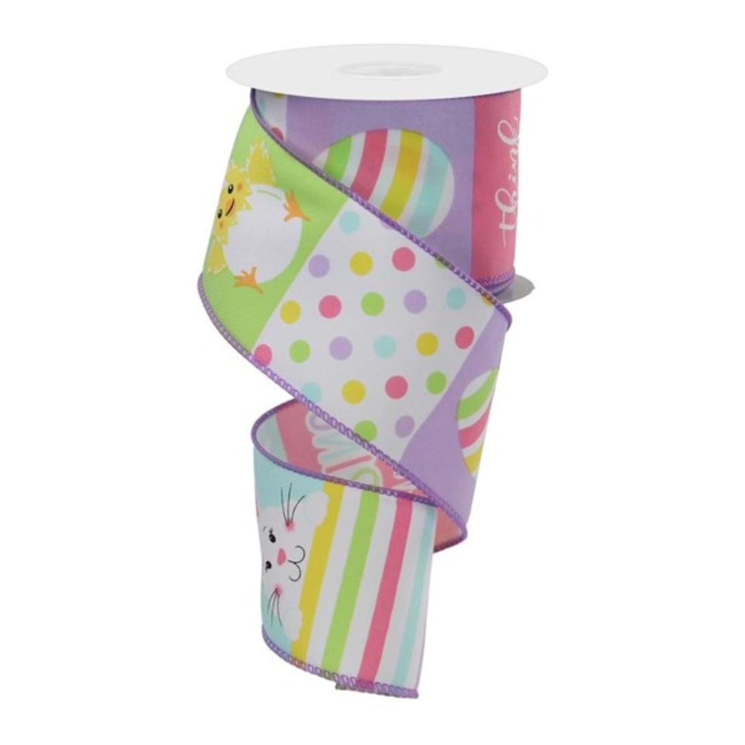 2.5" Spring Bunny Chick Block Ribbon: White (10 Yards)