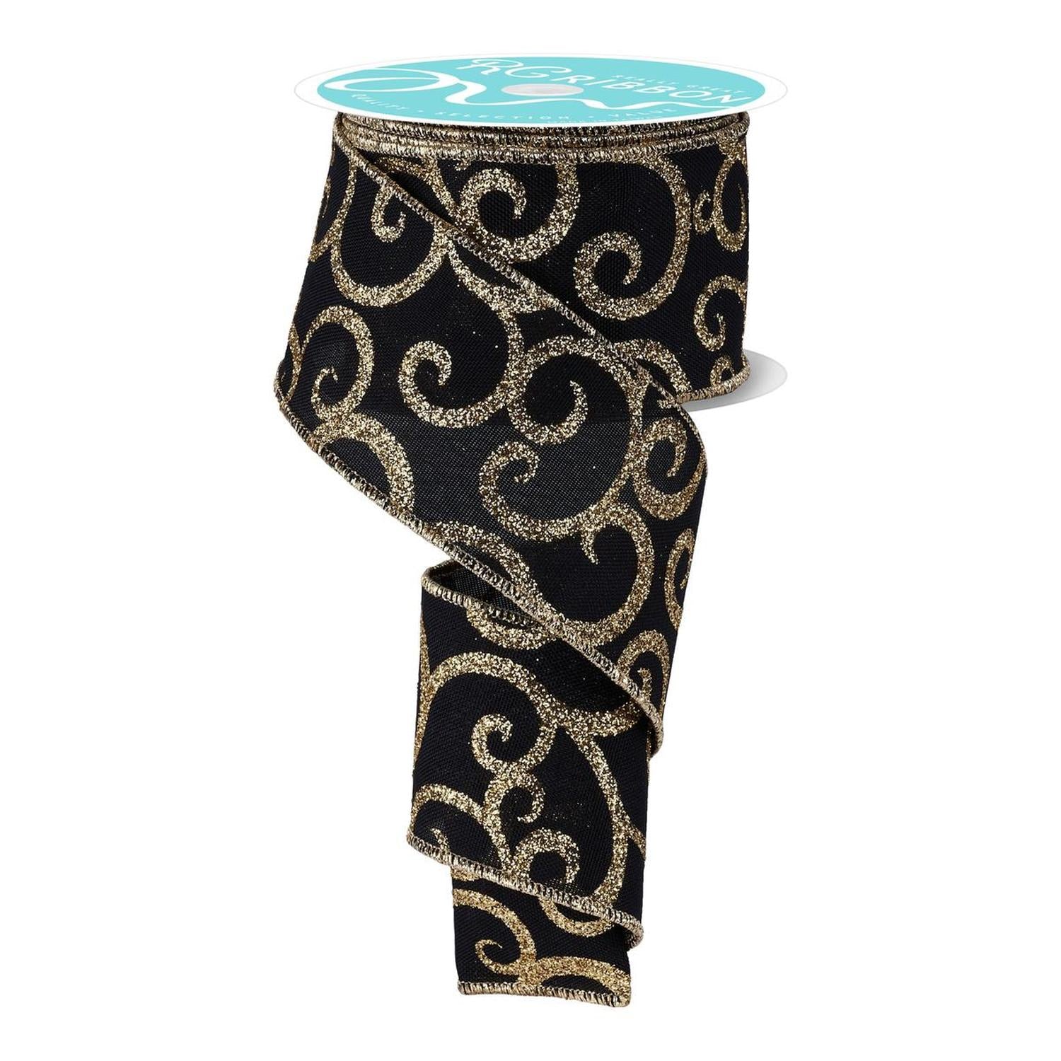 2.5" Glitter Swirl Ribbon: Black/Gold (10 Yards)