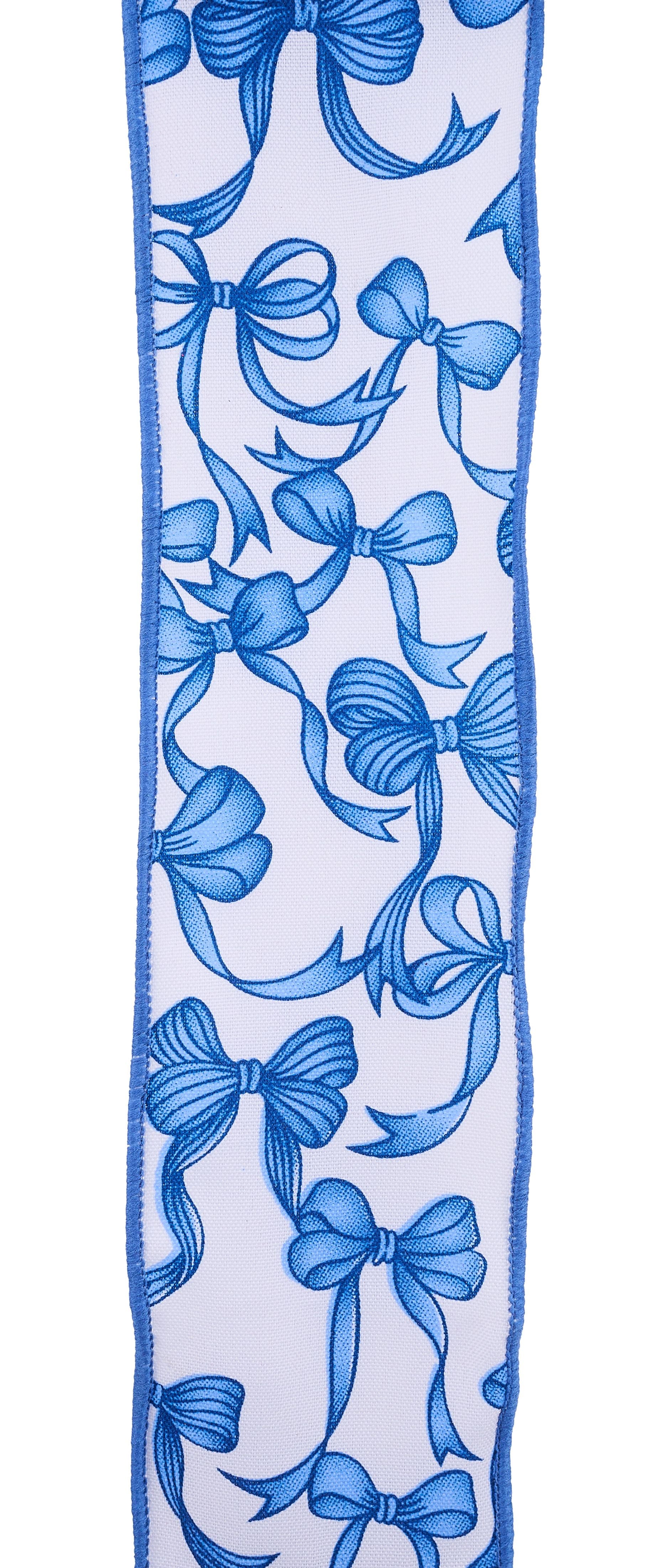 Blue and white patterned wired edge ribbon with bow print