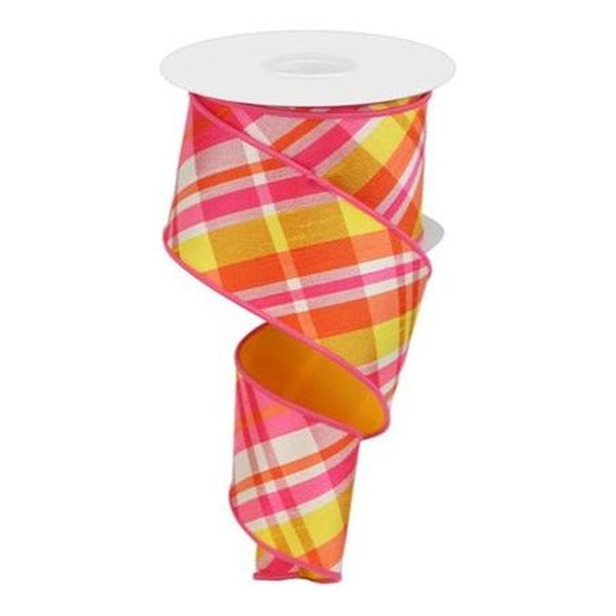 Shop For 2.5" Diagonal Plaid Fused Ribbon: Hot Pink/Yellow (10 Yards) at Michelle's aDOORable Creations