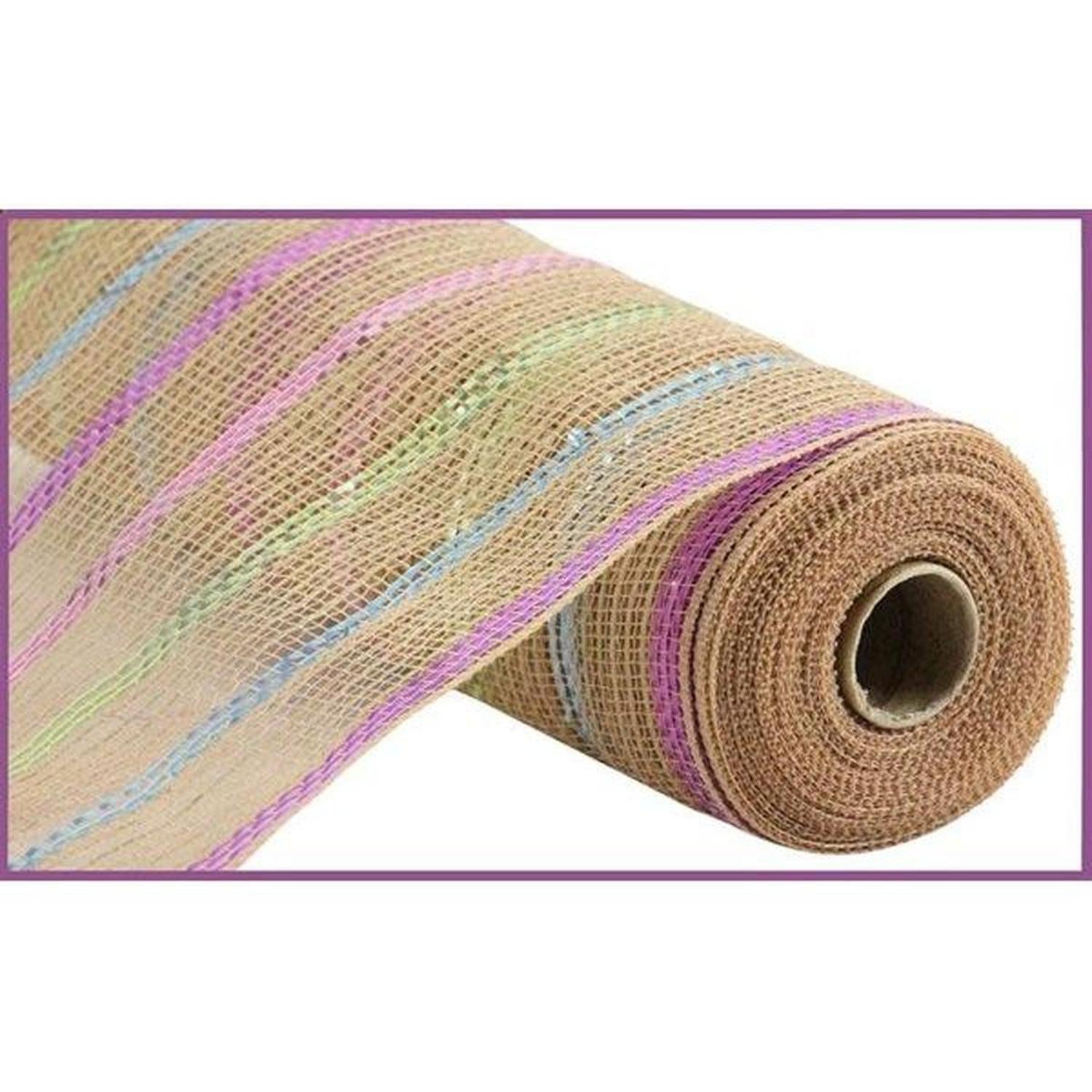 10.5" Poly Jute Matte Stripe Mesh Ribbon: Natural Pastel Stripes (10 Yards)