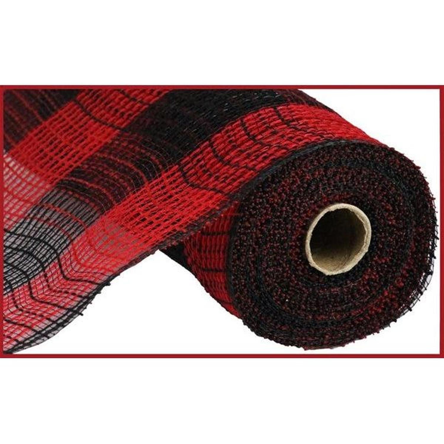 10.25" Faux Jute Check Mesh Ribbon: Red & Black (10 Yards)