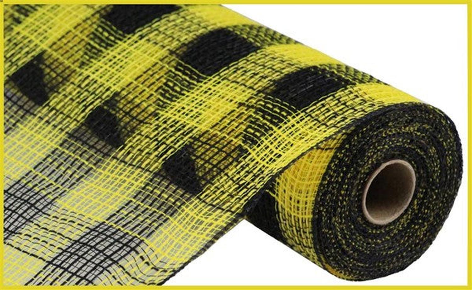 10" Small Check Fabric Mesh Ribbon: Black & Yellow (10 Yards)