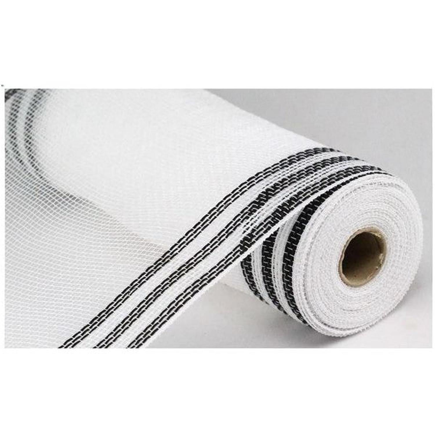 10" Border Stripe Faux Jute Mesh Ribbon: White/Black (10 Yards)