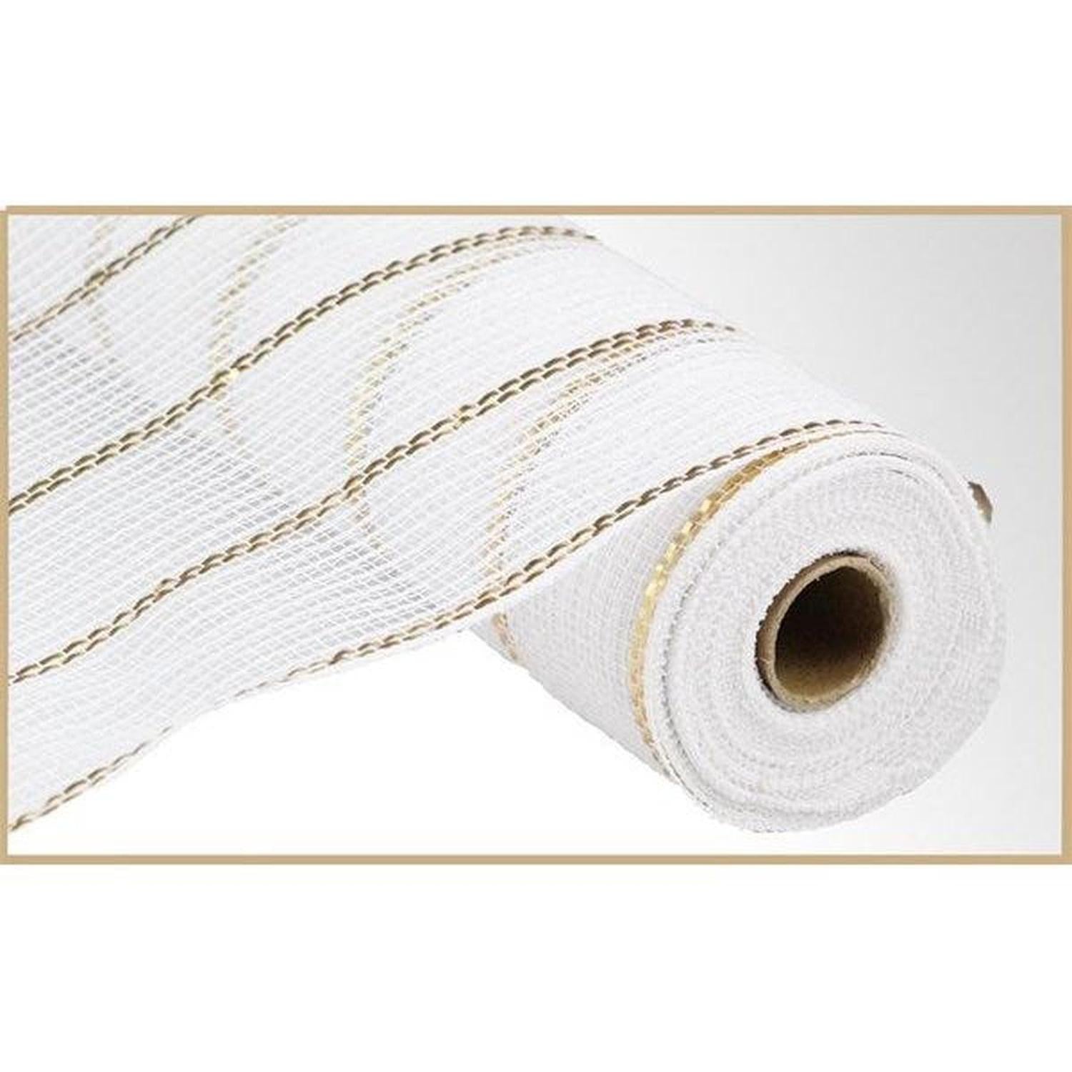10.5" Poly Jute Matte Metallic Mesh: White/Gold (10 Yards)