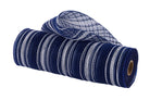 Navy and cream striped faux jute deco mesh roll showing open grid texture