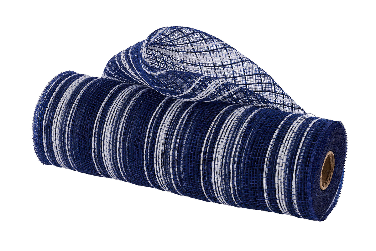 Navy and cream striped faux jute deco mesh roll showing open grid texture