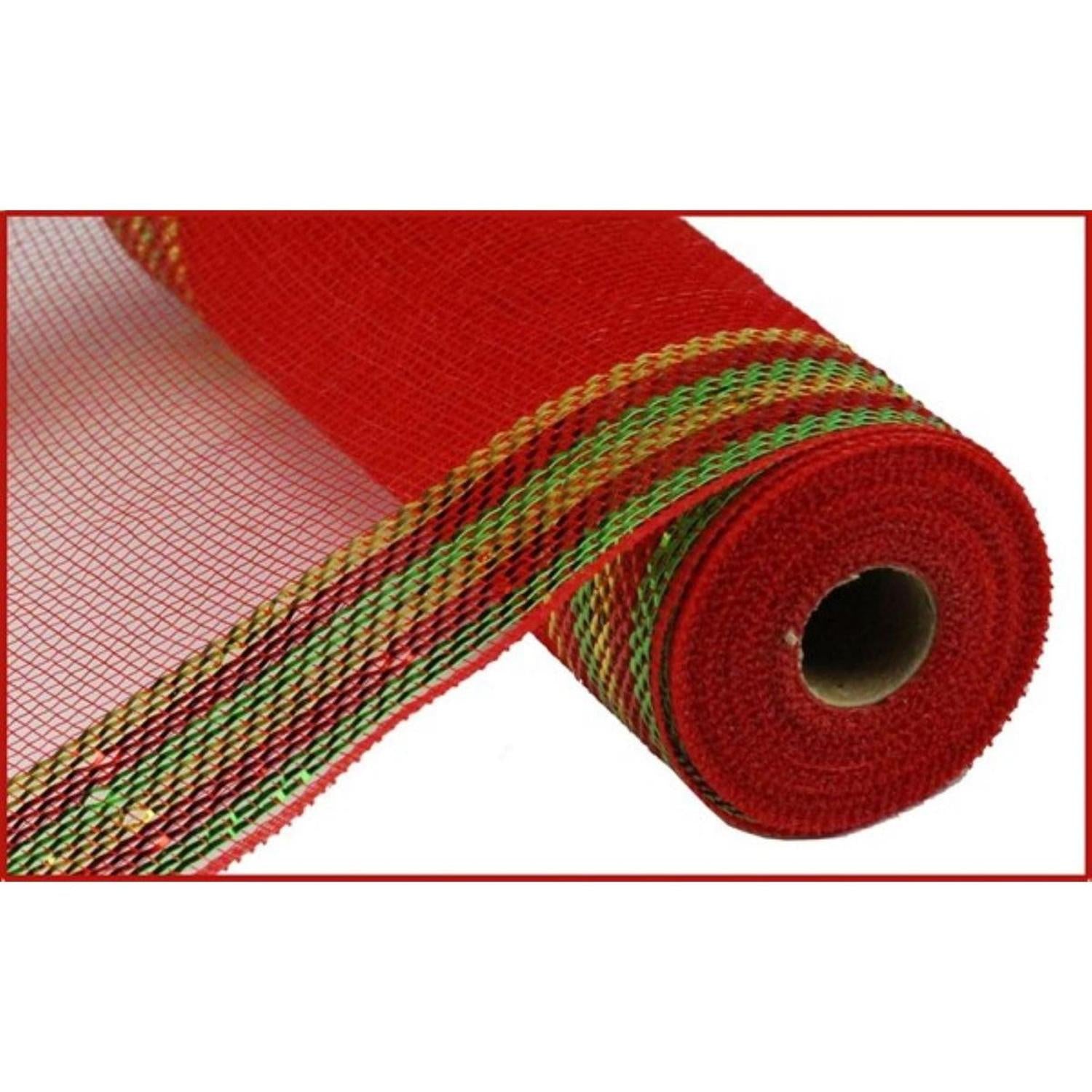 Shop For 10.5" Border Stripe Metallic Mesh Ribbon: Red/Lime/Gold (10 Yards) at Michelle's aDOORable Creations