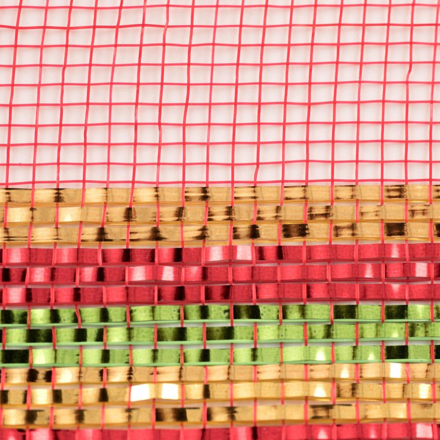 Shop For 10.5" Border Stripe Metallic Mesh Ribbon: Red/Lime/Gold (10 Yards) at Michelle's aDOORable Creations