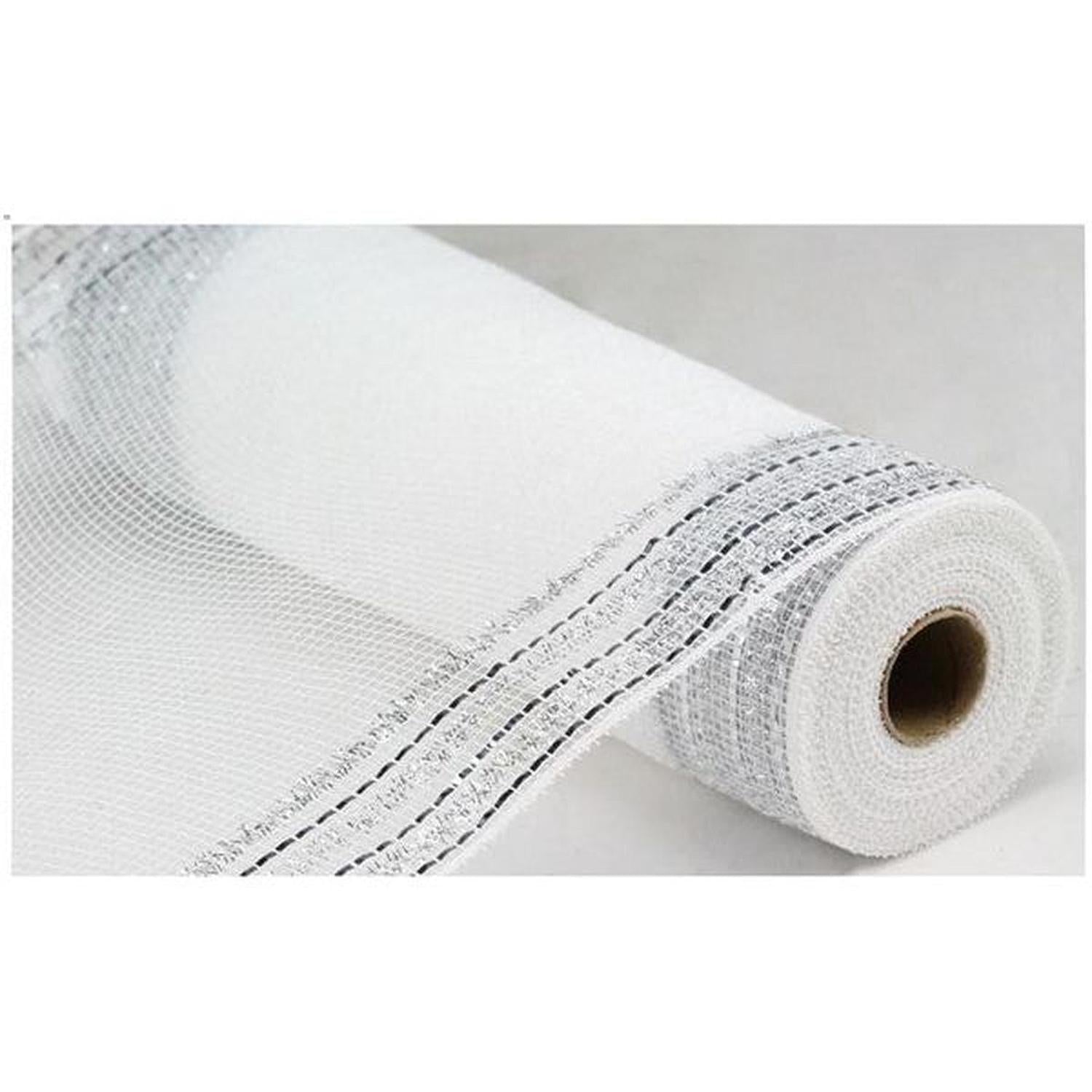 10" Border Stripe Faux Jute Mesh Ribbon: White/Silver (10 Yards)