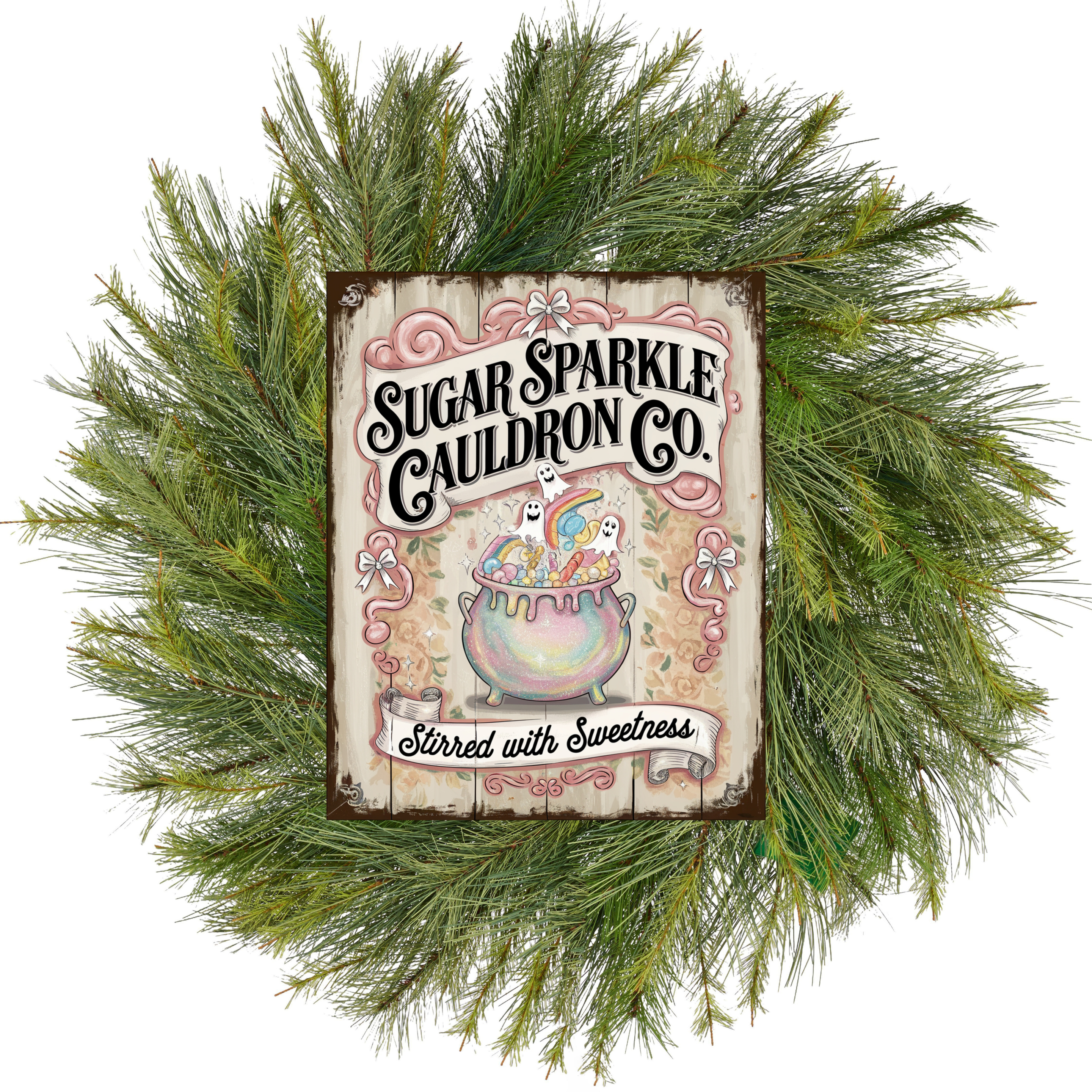 Decorative wreath with a sign for Sugar Sparkle Cauldron Co. on a white background