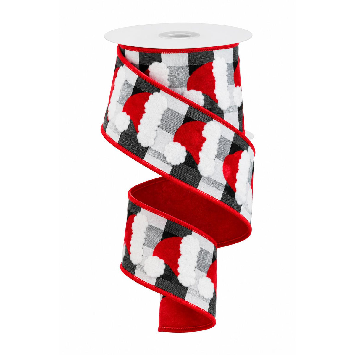 2.5 inch black and white plaid wired ribbon roll with Santa hats