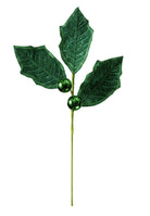 39-inch emerald green holly spray with three velvet fabric leaves, glitter edges, and two metallic green berries.