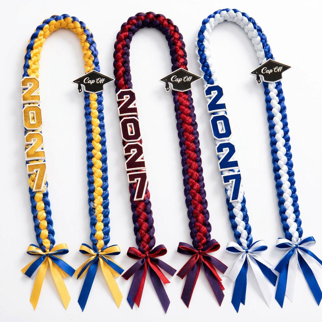 Set of three braided graduation leis in gold, maroon, and white with cap charms
