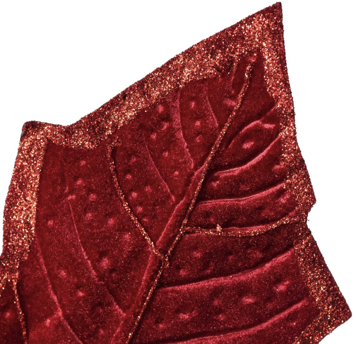Deep red velvet holly leaf with detailed veins and sparkling glitter edges for Christmas decor.