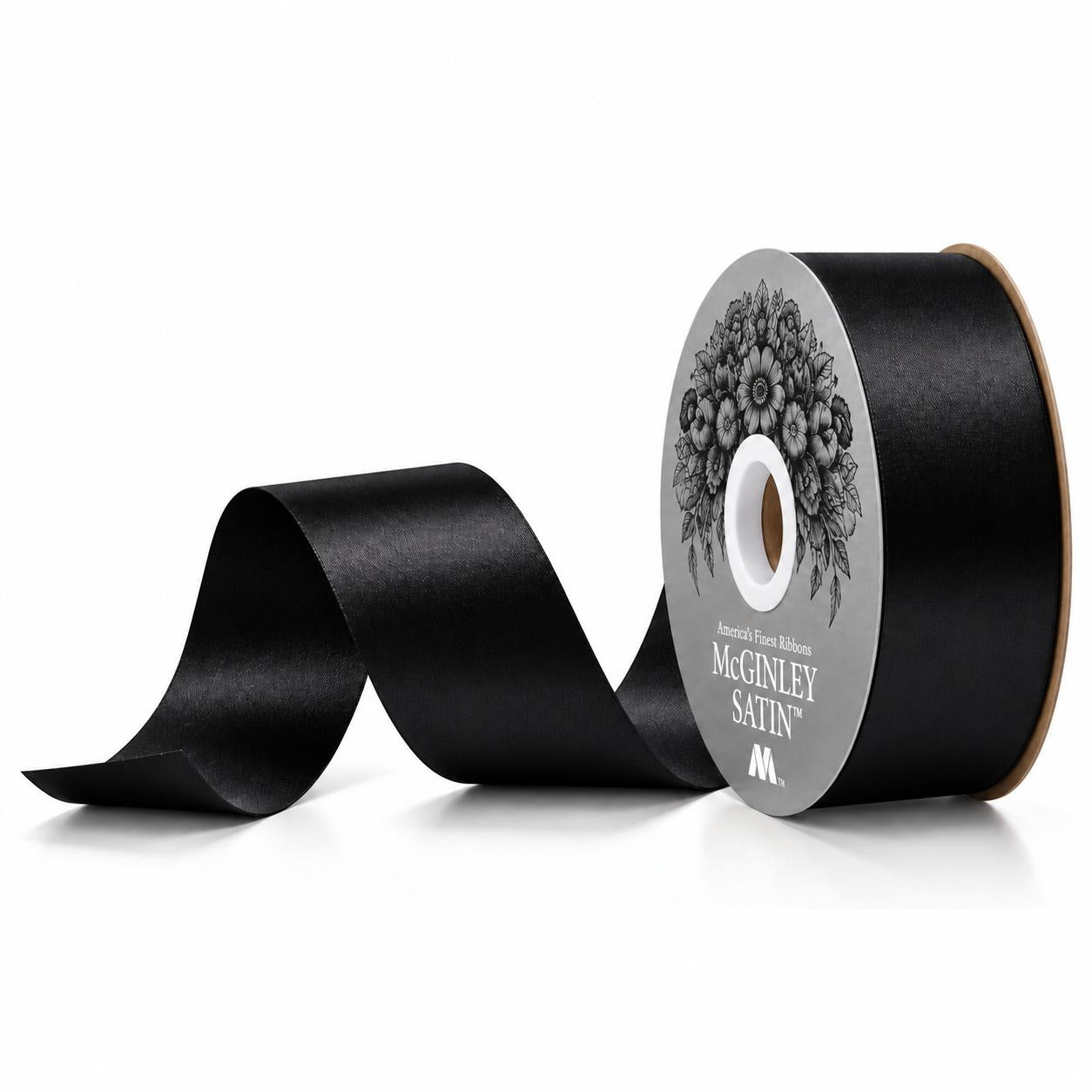 Unrolling black satin acetate ribbon showing smooth lustrous finish