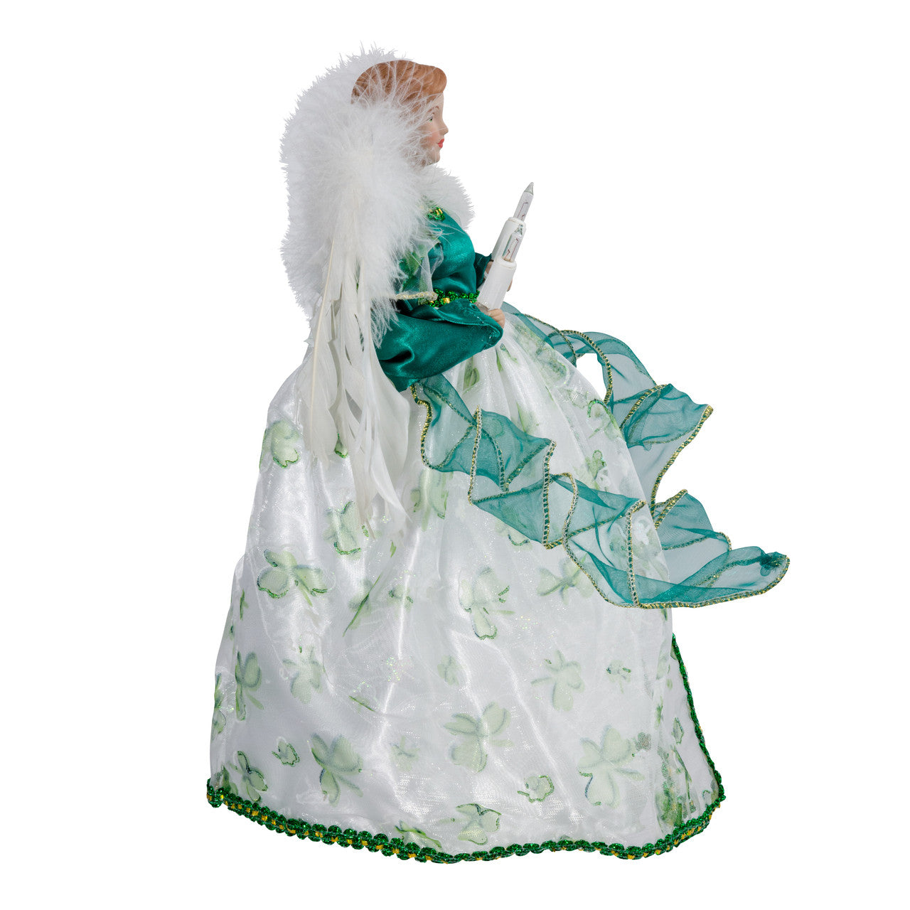 Illuminated Irish angel tree topper with green satin bodice and shamrock skirt
