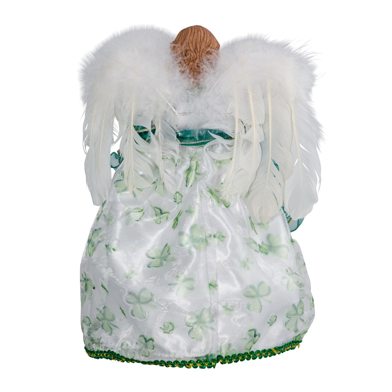 Rear view of illuminated angel tree topper with shamrock patterned skirt