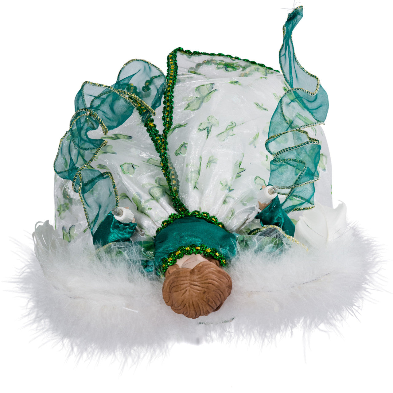 Back view of angel tree topper showing white feather wings and ribbon accents