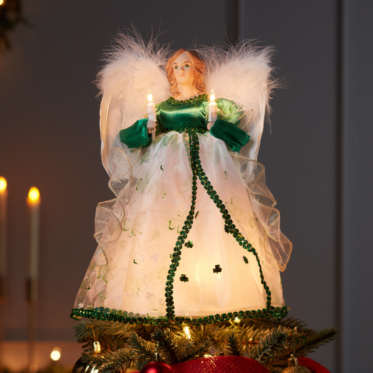 Kurt Adler Irish Angel Christmas Tree Topper with shamrock skirt and lit candles