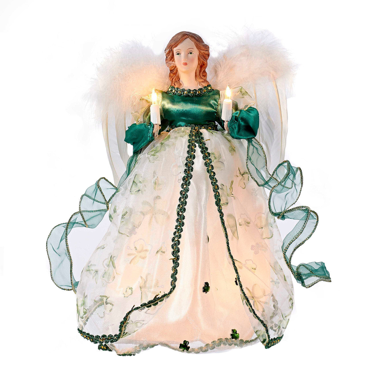 Front view of Kurt Adler strawberry blonde angel tree topper with lights