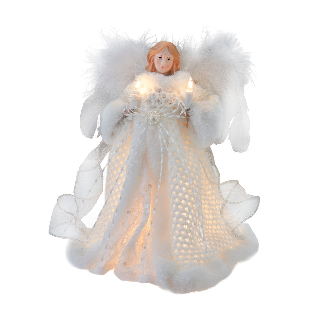 White angel Christmas tree topper with feathered wings, faux fur trim, and illuminated candles