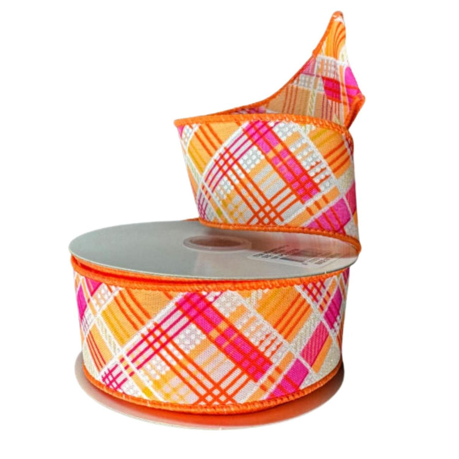 1.5" Diagonal Printed Plaid Ribbon: Neon Orange (10 Yards)