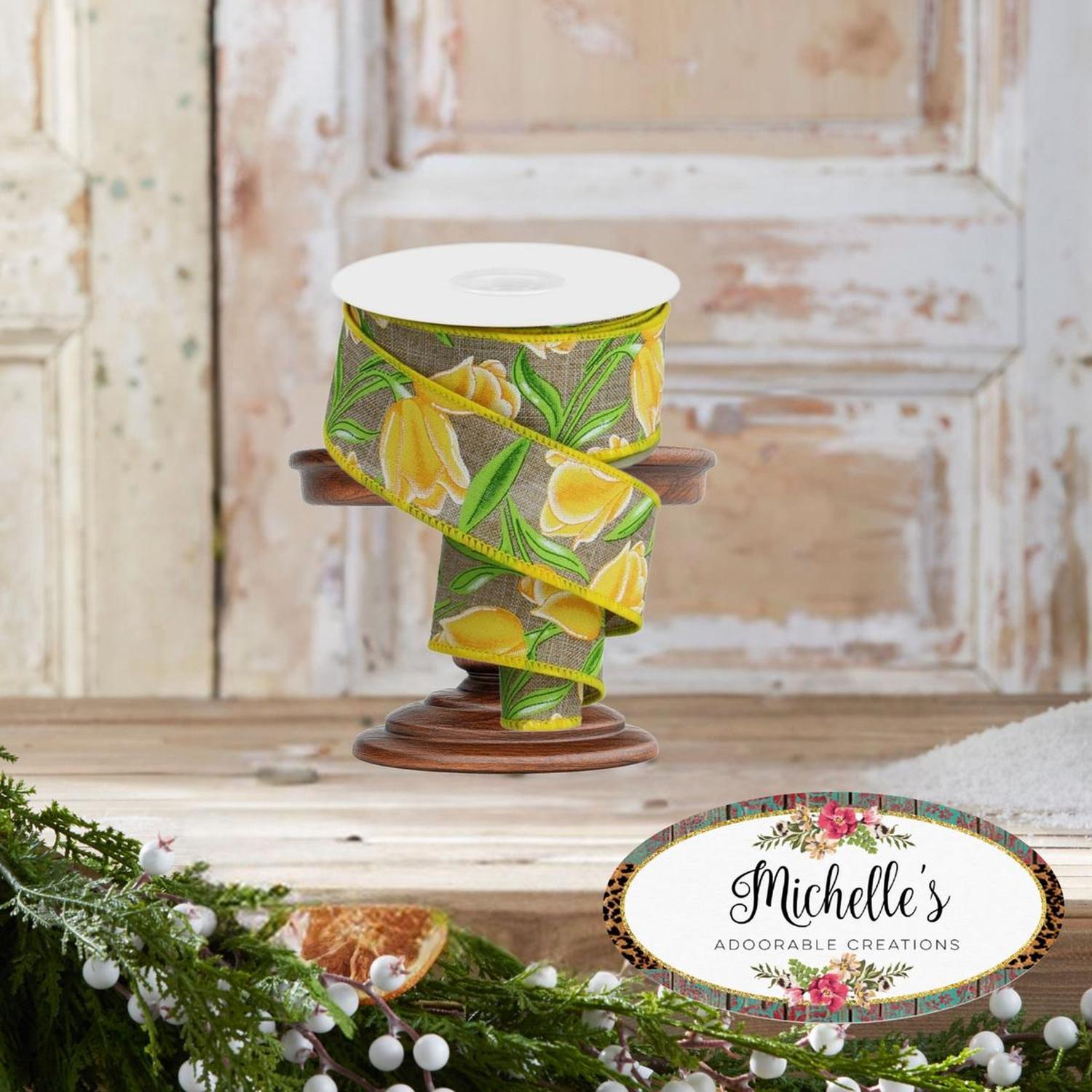 1.5" Tulips on Royal Ribbon: Yellow (10 Yards)