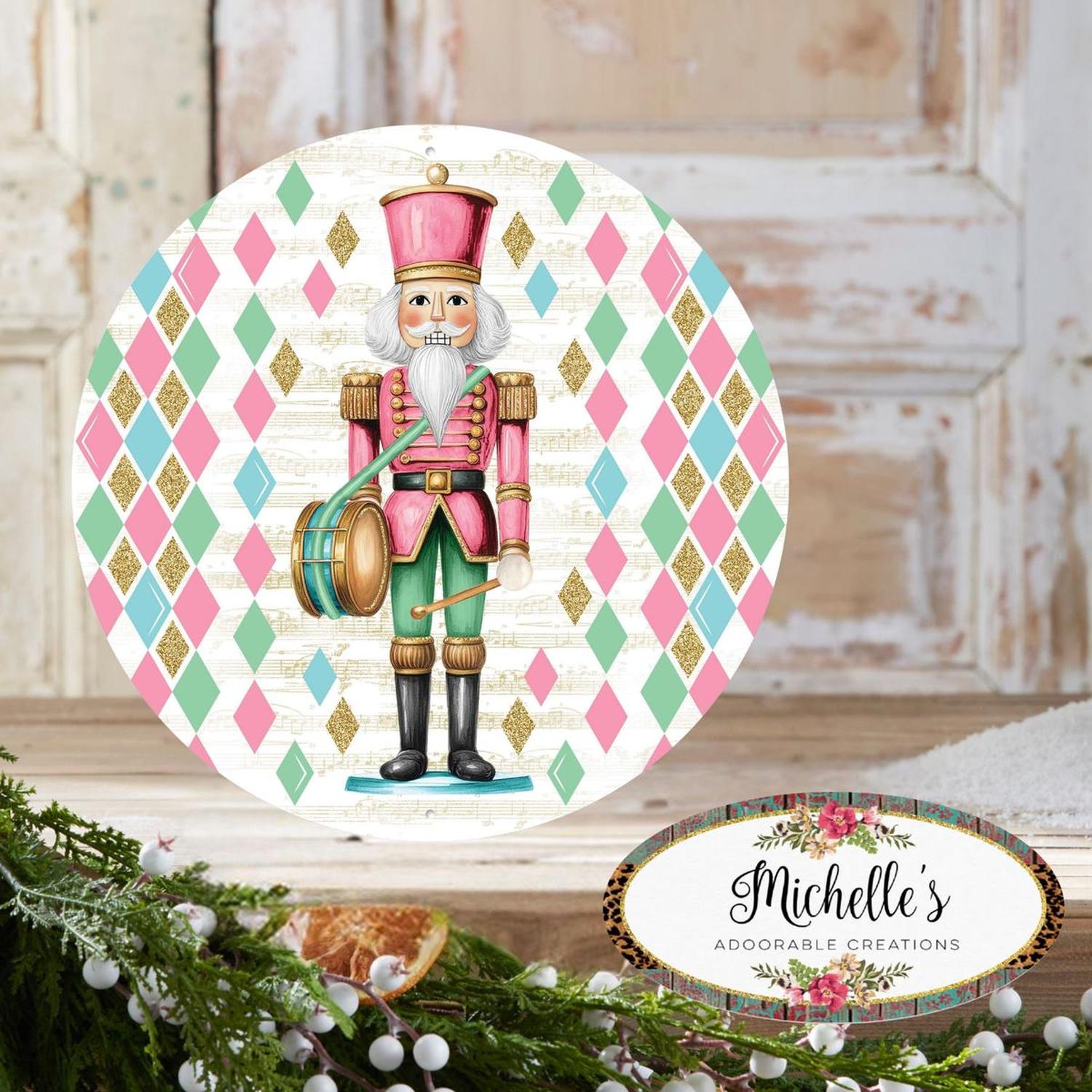 12" Metal Round Sign: Glitter Pastel Nutcracker