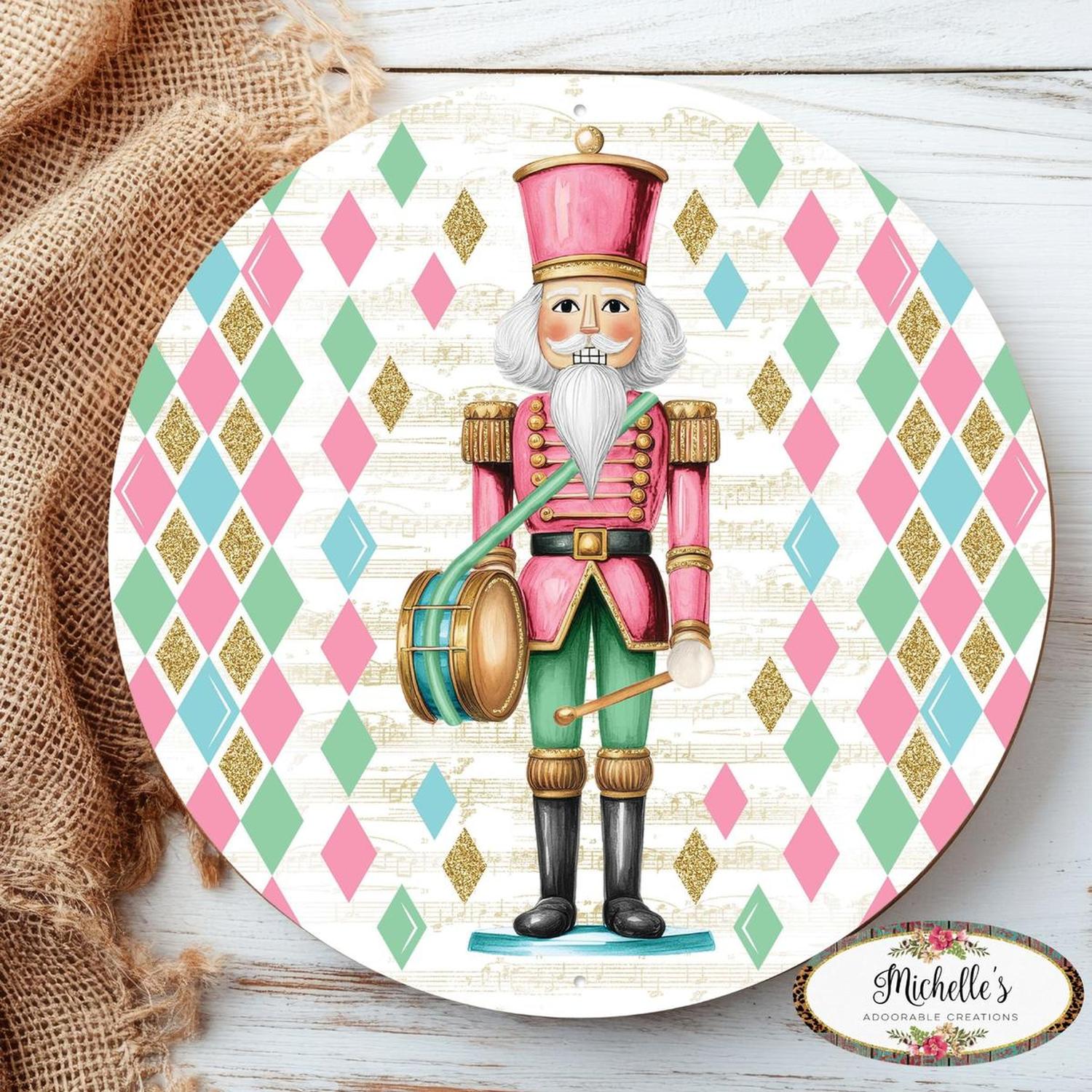 12" Metal Round Sign: Glitter Pastel Nutcracker