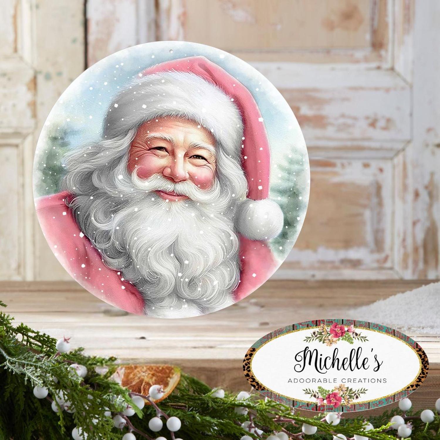 12" Metal Round Sign: Pink Santa Portrait