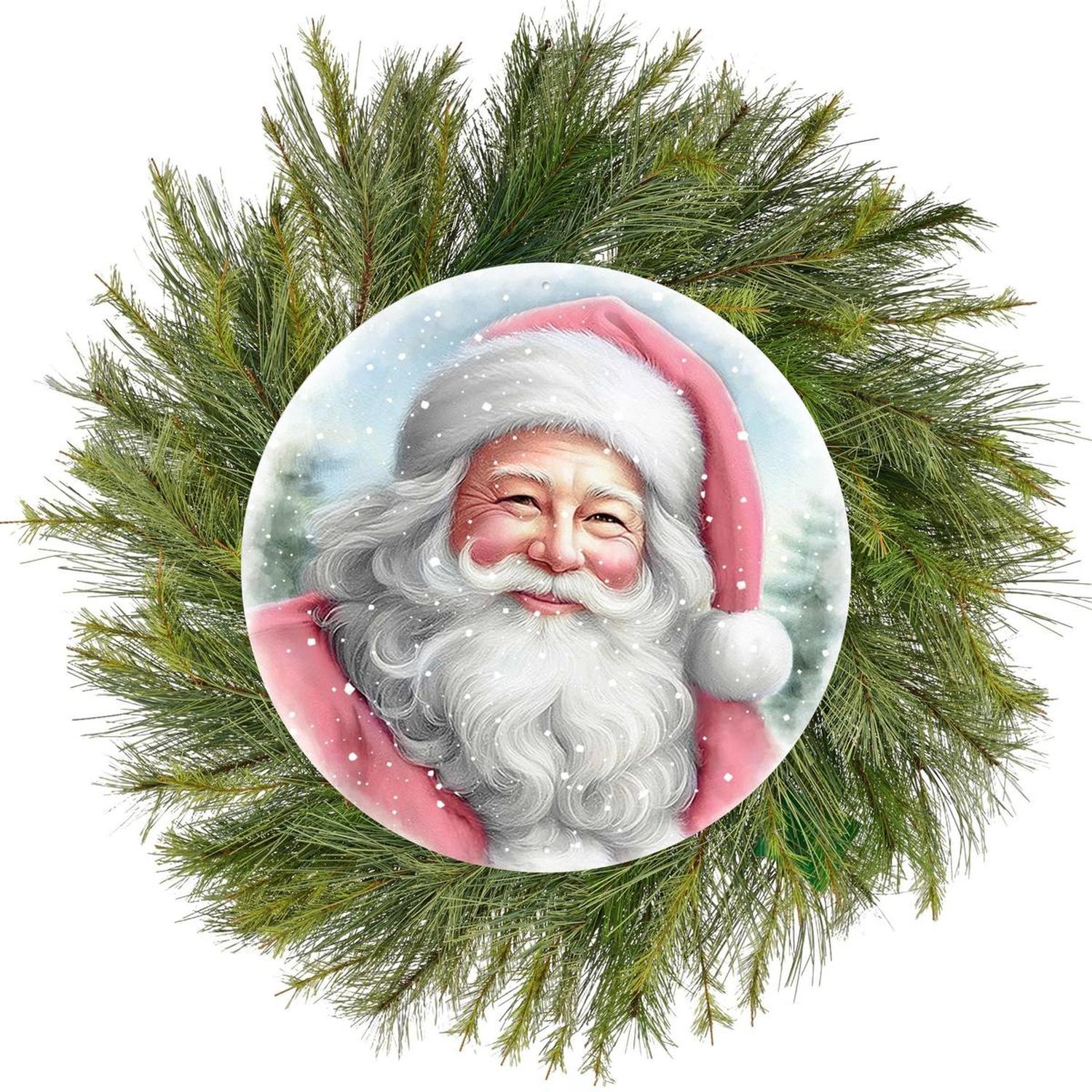 12" Metal Round Sign: Pink Santa Portrait
