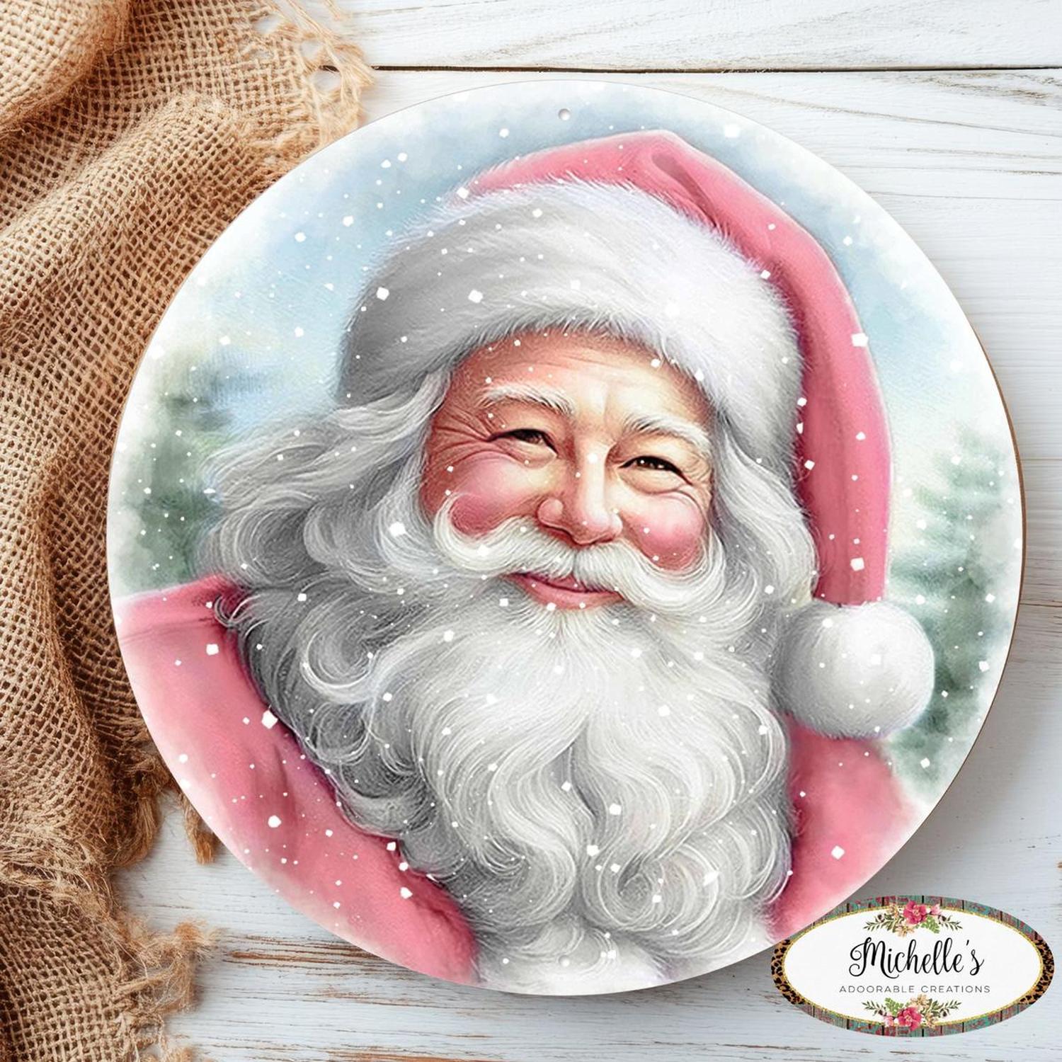 12" Metal Round Sign: Pink Santa Portrait