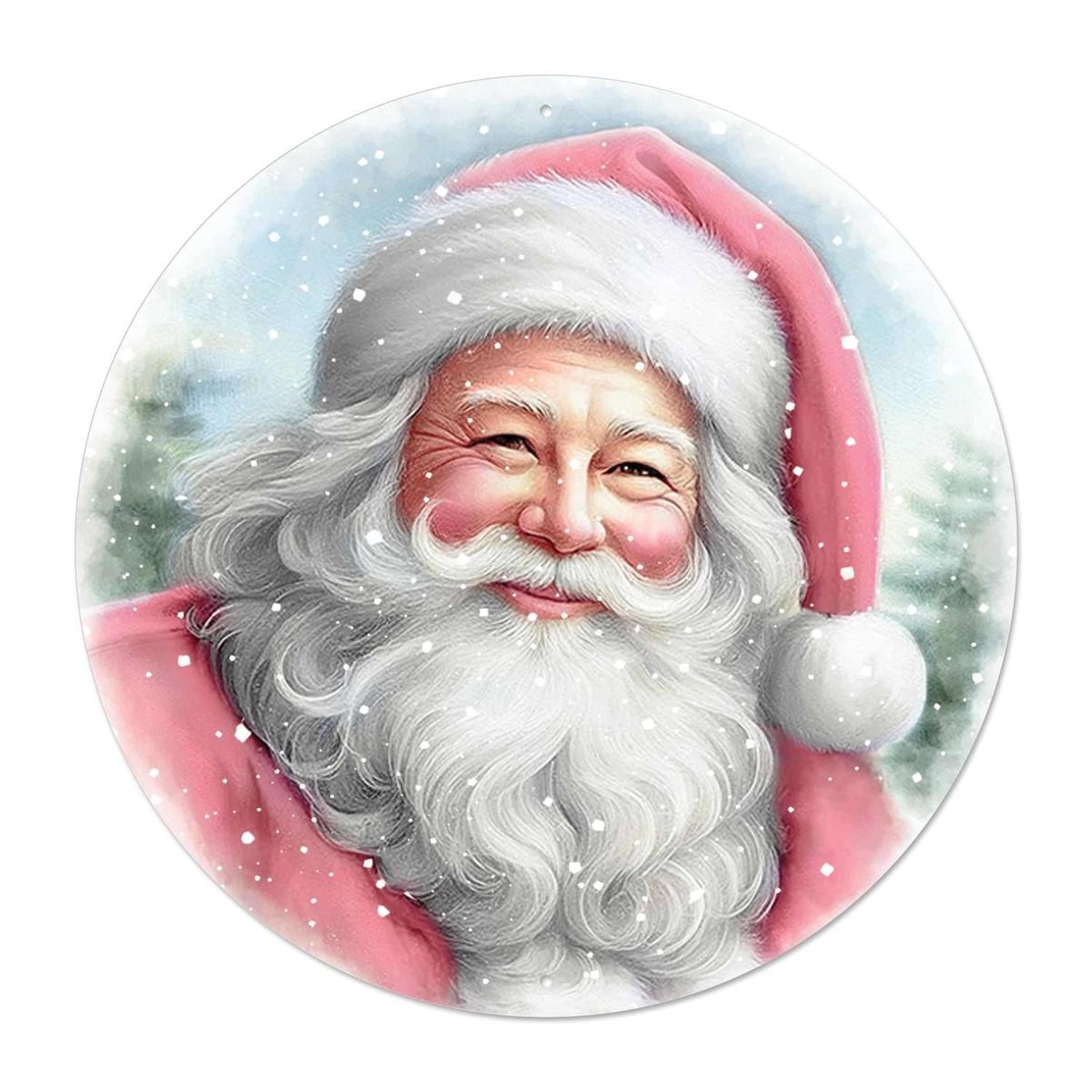 12" Metal Round Sign: Pink Santa Portrait