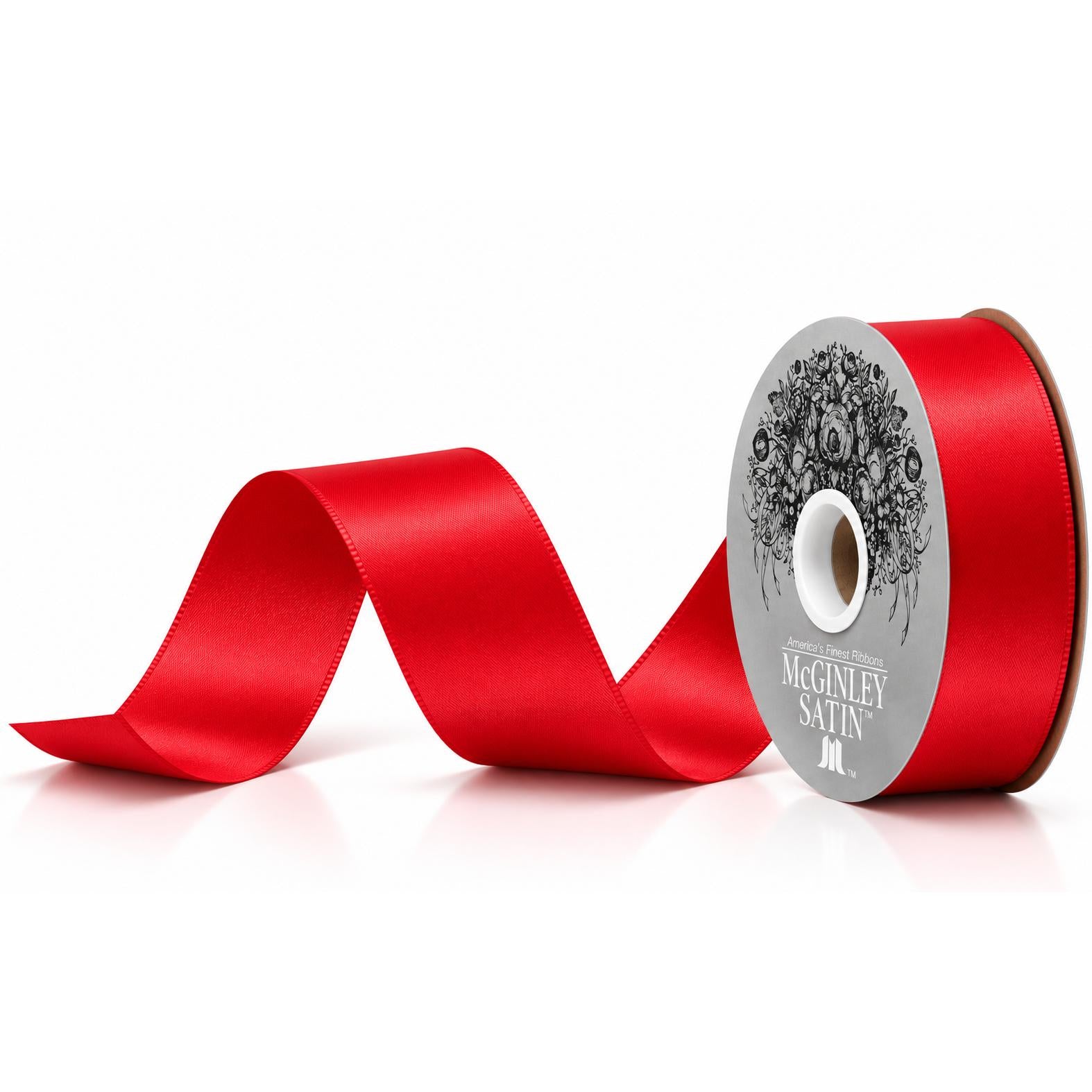 McGinley red satin acetate ribbon spool with silver label
