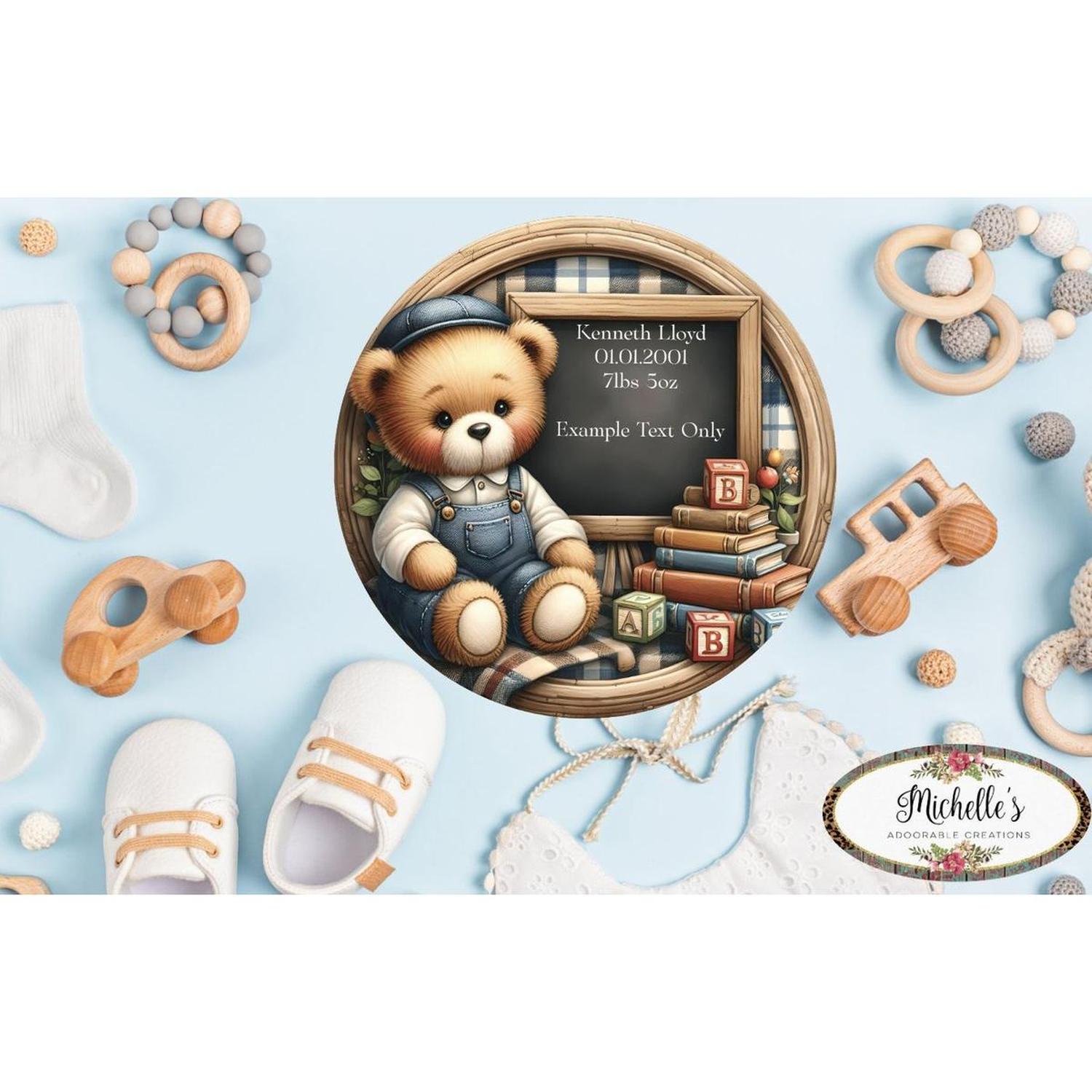 Baby Boy Bear Announcement Round Sign